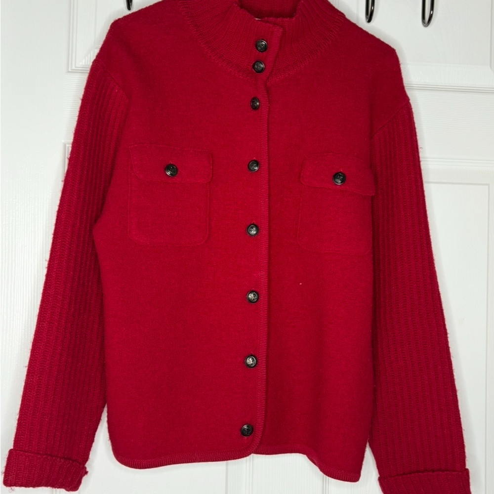 100% Wool Red Button-Up Women's Sweater Sz PM grandma core‎ cottage core